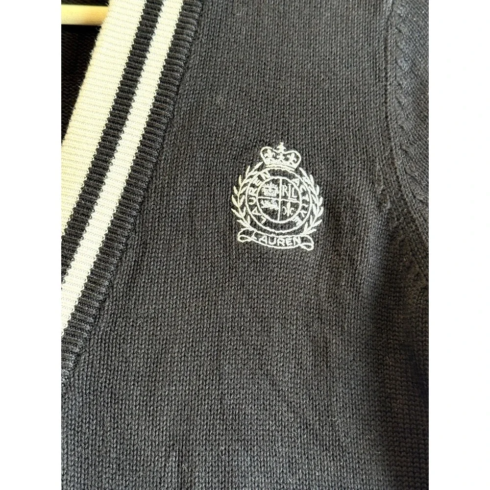 Lauren Ralph Lauren Cardigan Women S Black Varsity Crest Short Sleeve V-Neck